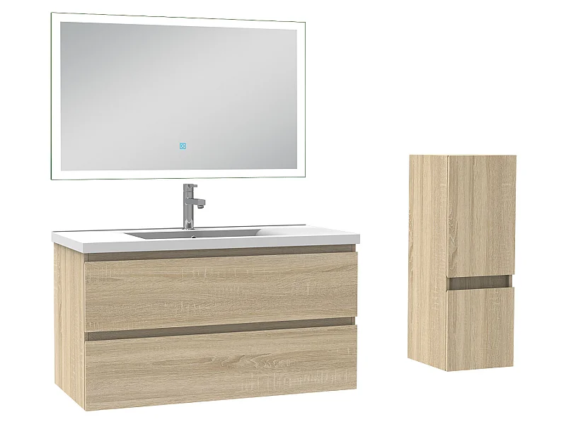 Ensemble meubles Salle de Bain 100cm vasque + colonne + miroir LED Chêne Wotan - Aica