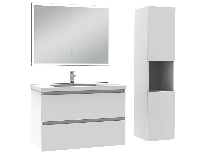 Ensemble meubles Salle de Bain 80cm simple vasque + colonne + miroir lumineux Blanc - Aica