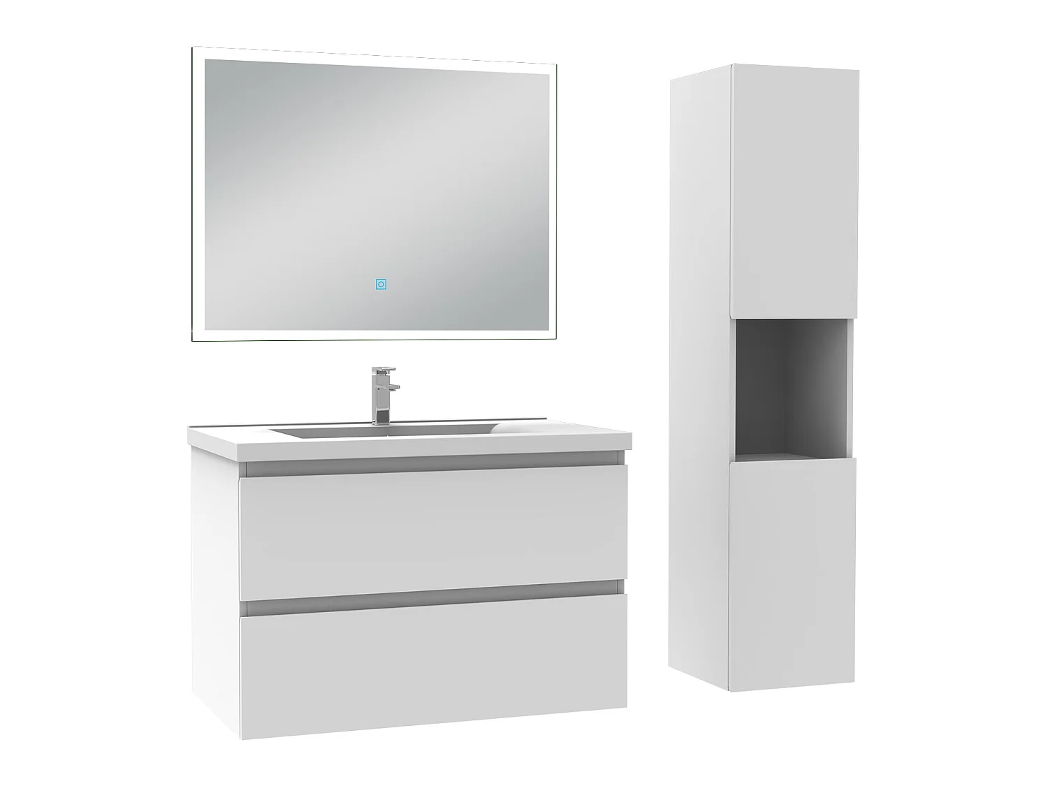 Ensemble meubles Salle de Bain 80cm simple vasque + colonne + miroir lumineux Blanc - Aica
