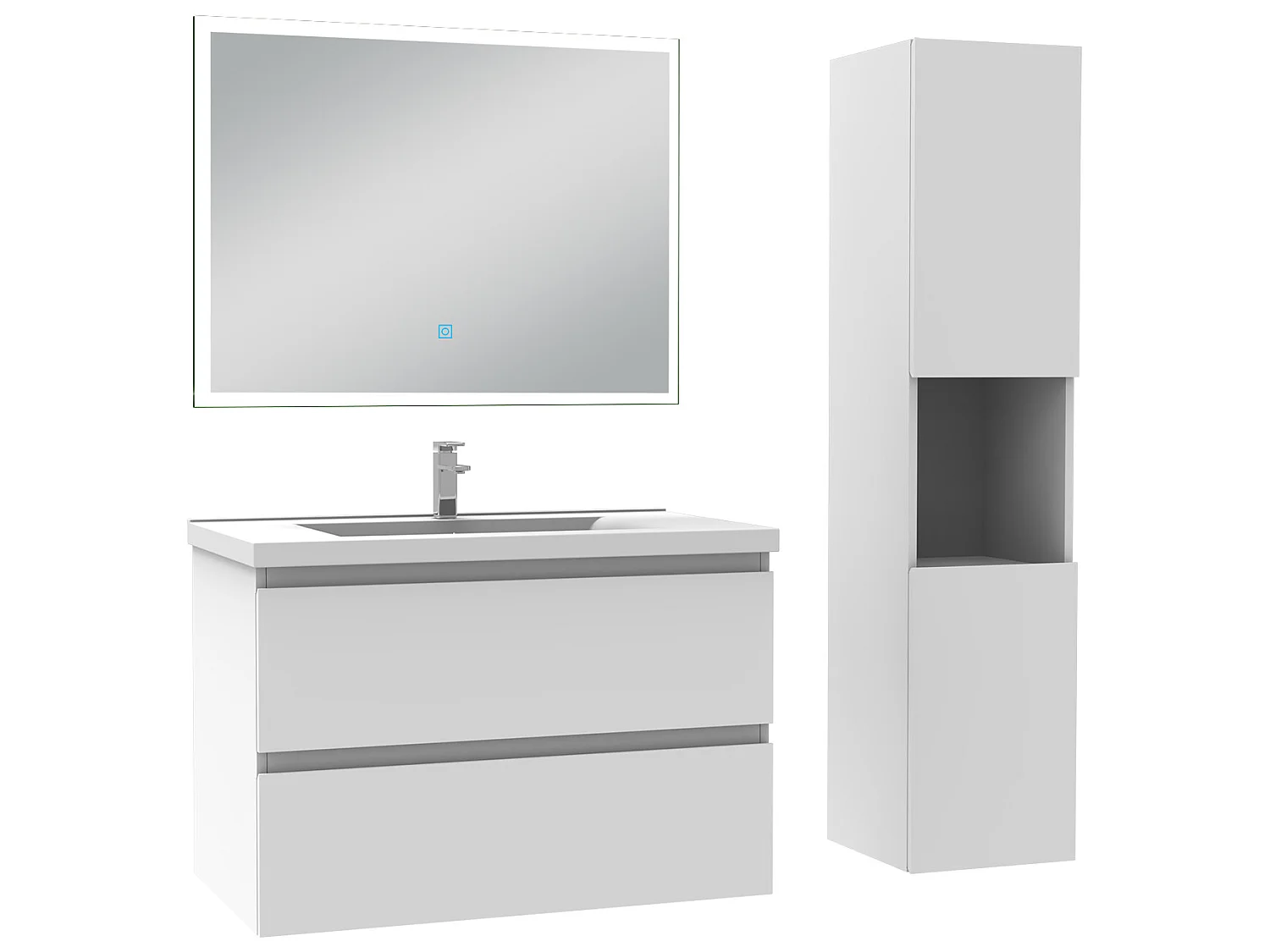 Ensemble meubles Salle de Bain 80cm simple vasque + colonne + miroir lumineux Blanc - Aica