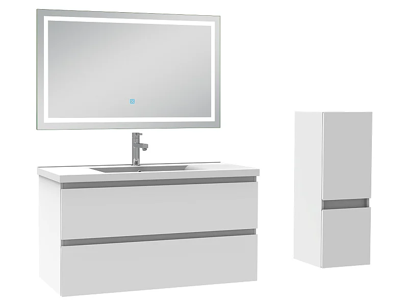 Ensemble meubles Salle de Bain 100cm 4pcs vasque et colonne et miroir LED Blanc - Aica