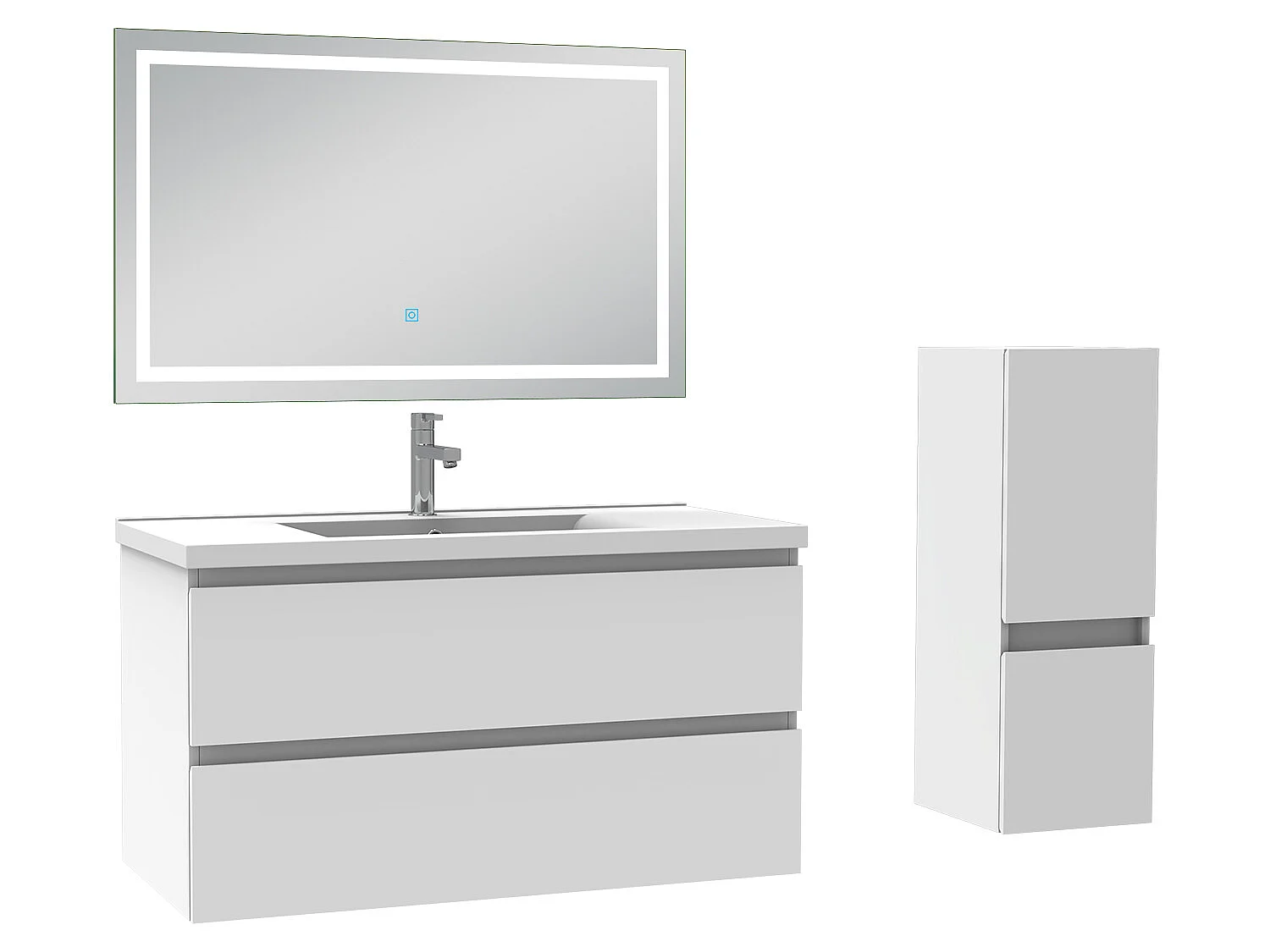 Ensemble meubles Salle de Bain 100cm 4pcs vasque et colonne et miroir LED Blanc - Aica