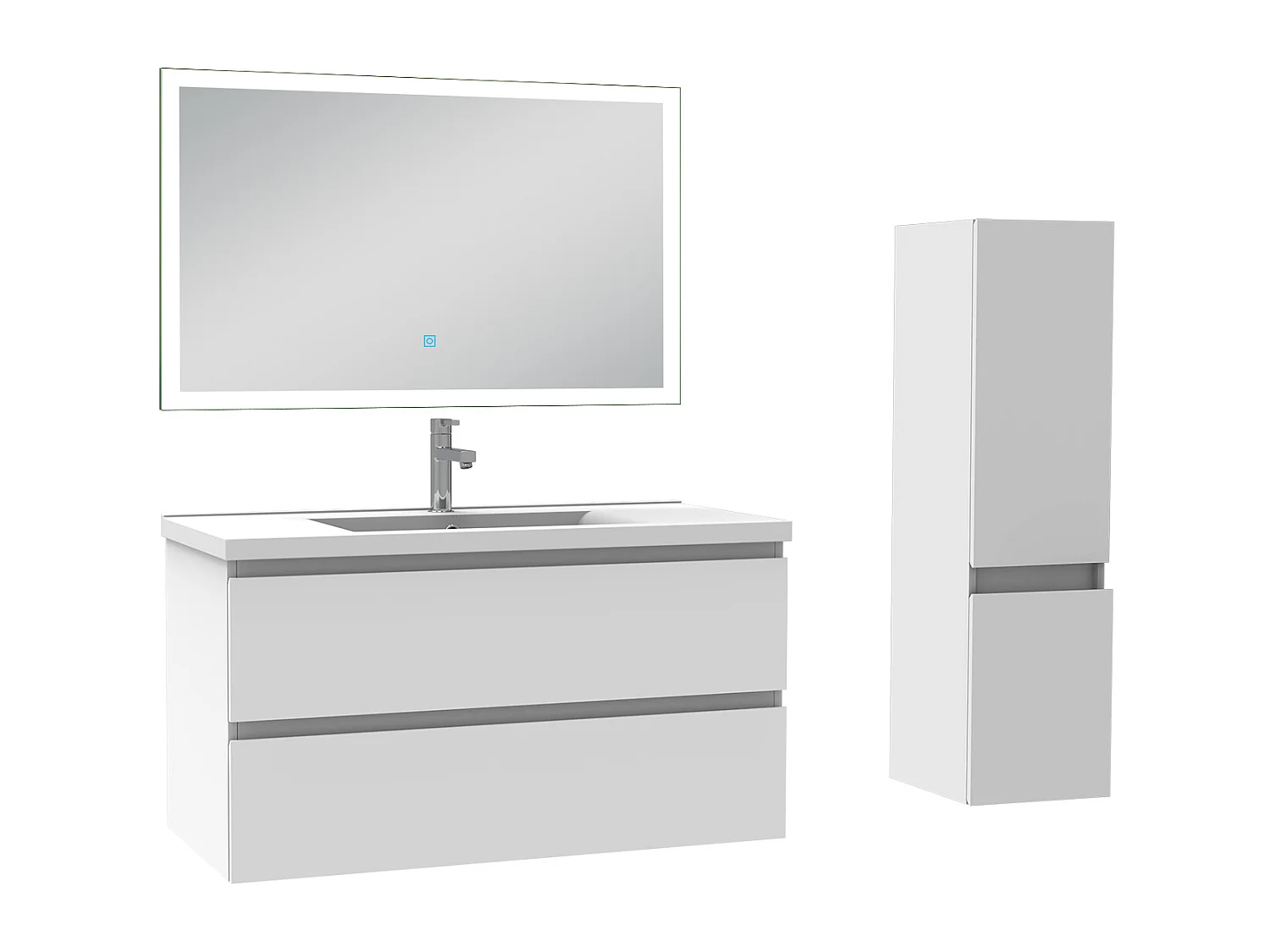 Meuble Salle de Bain 100cm vasque + colonne + miroir lumineux Blanc - Aica