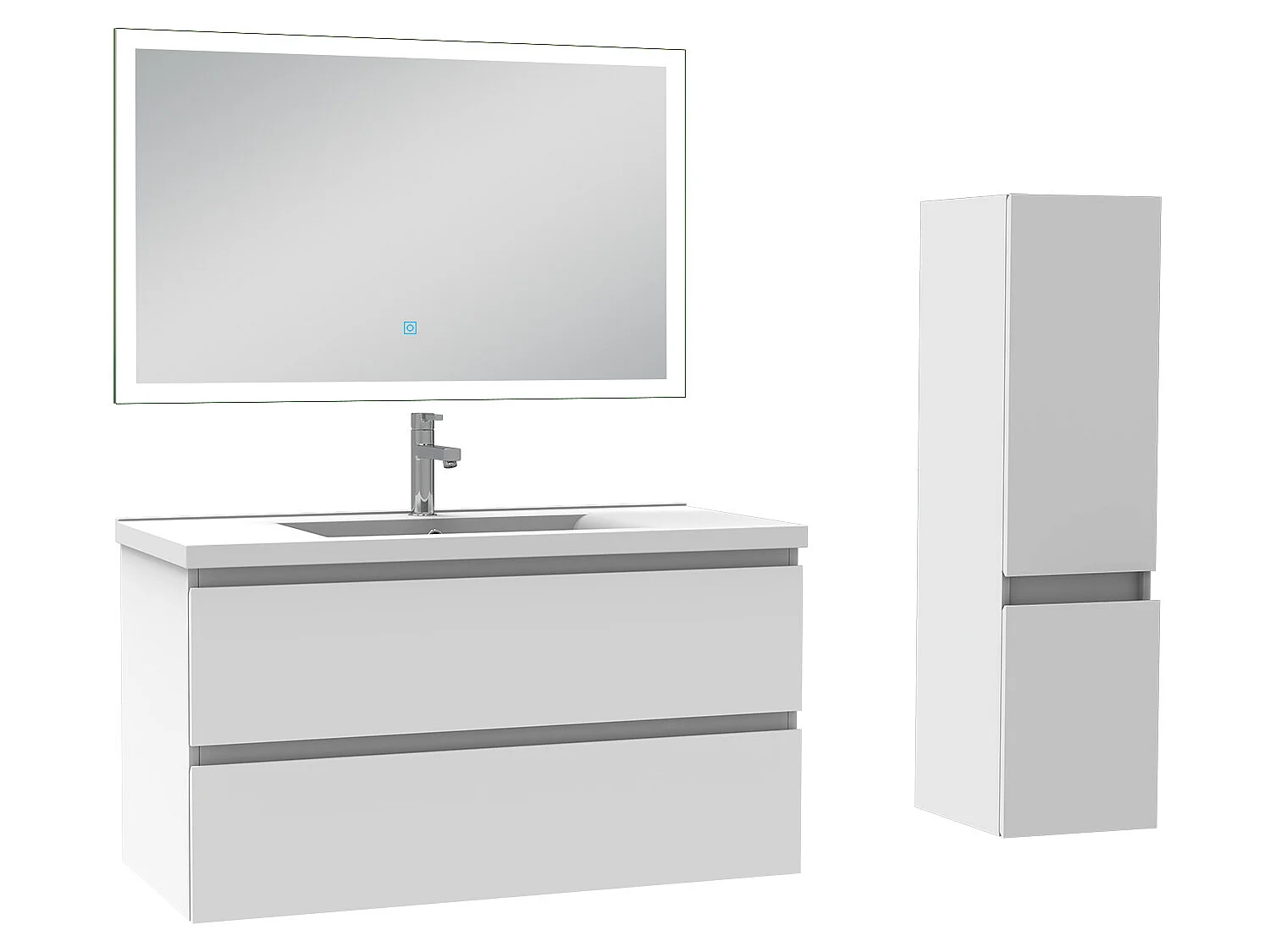 Meuble Salle de Bain 100cm vasque + colonne + miroir lumineux Blanc - Aica