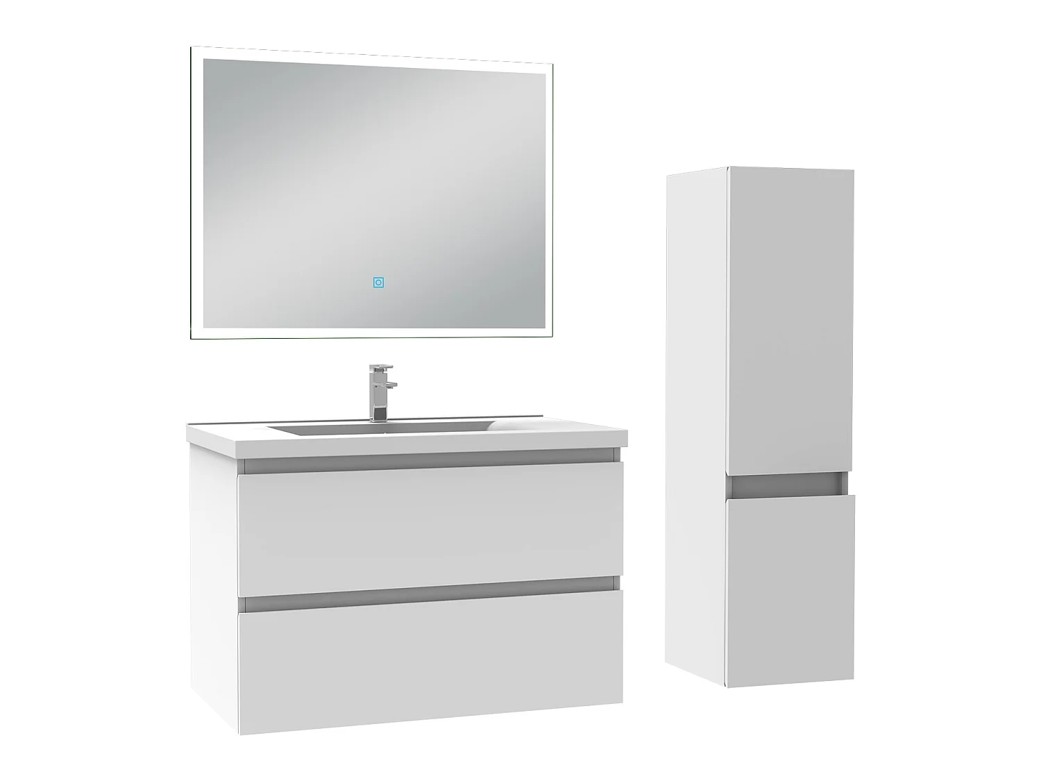 Meuble Salle de Bain 80cm vasque + colonne + miroir lumineux Blanc - Aica