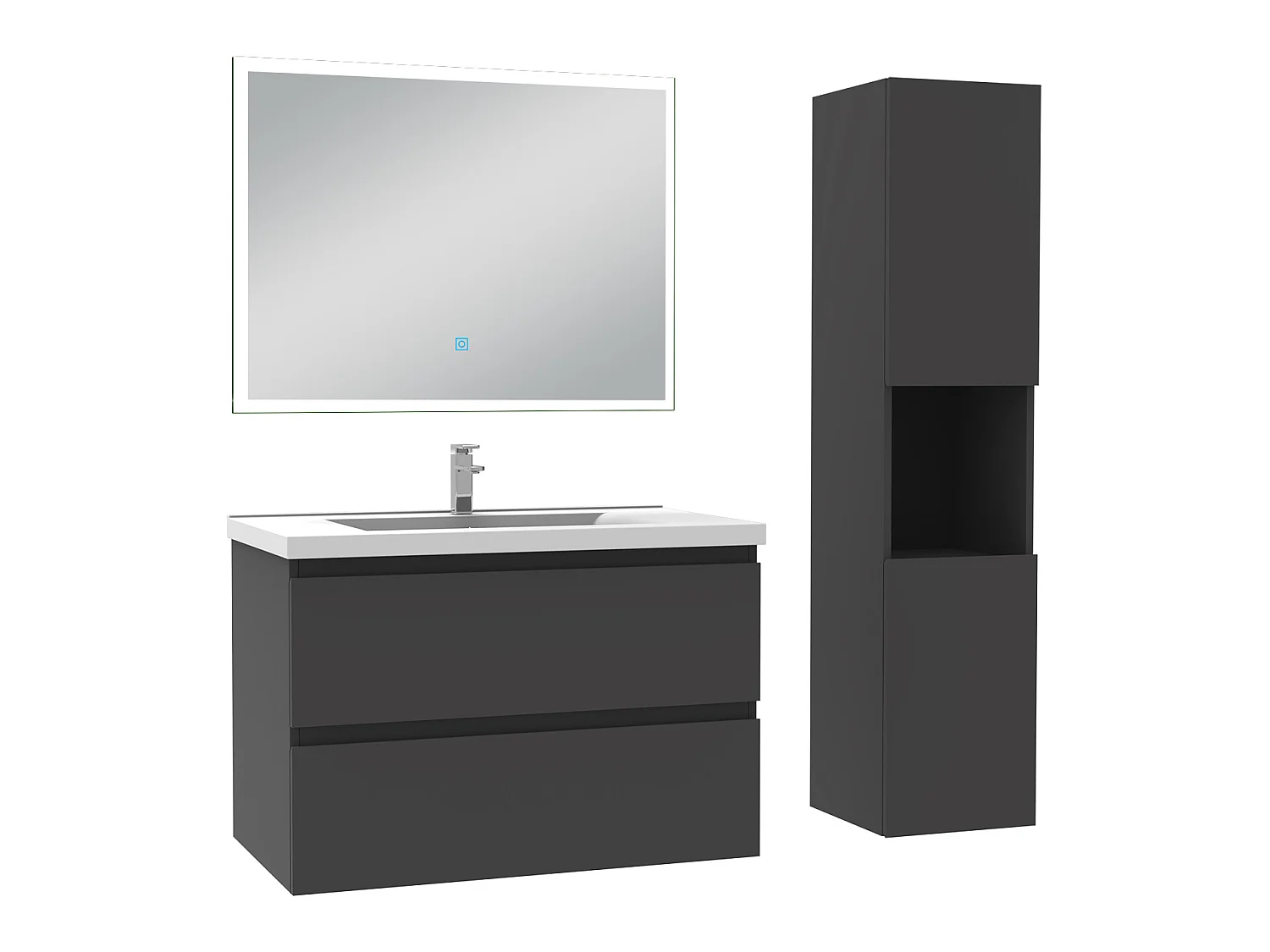 Ensemble meubles Salle de Bain 80cm simple vasque + colonne + miroir lumineux Anthracite - Aica