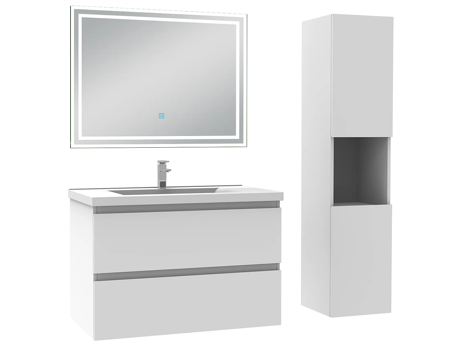 Meubles simple vasque l.80 x H.52 x P.45cm, meuble acve colonne + miroir lumineux Blanc, Aica