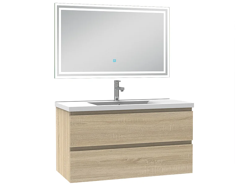 Meubles simple vasque l.100 x H.52 x P.45cm, meuble acve miroir Chêne Wotan, Aica