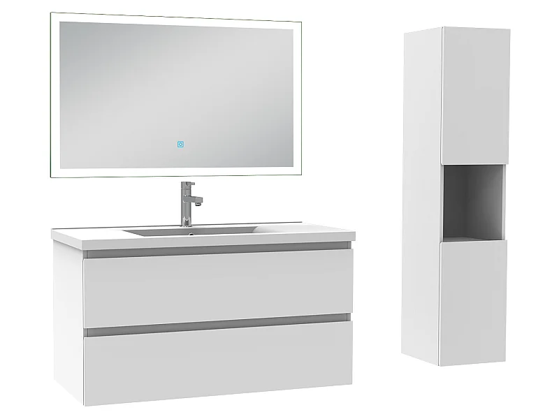 Ensemble meubles Salle de Bain 100cm simple vasque + colonne + miroir lumineux Blanc - Aica