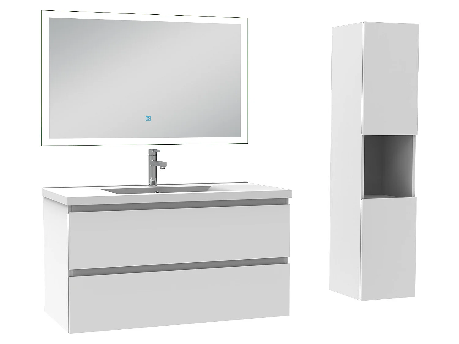 Ensemble meubles Salle de Bain 100cm simple vasque + colonne + miroir lumineux Blanc - Aica