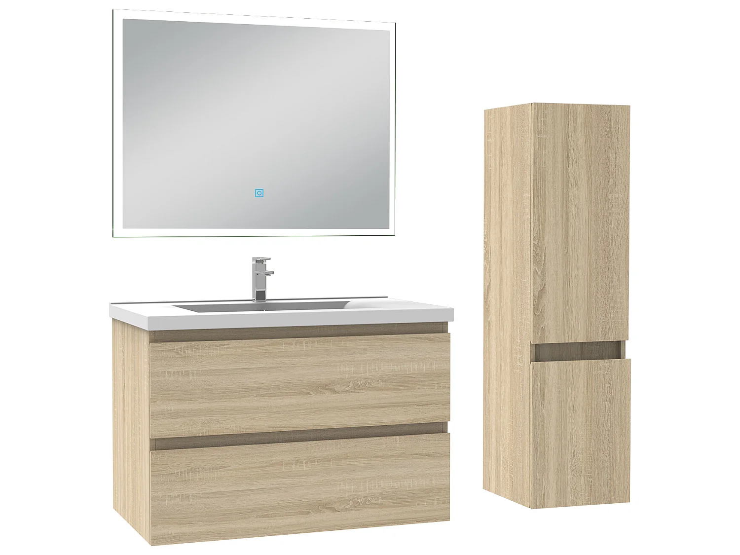 Meuble Salle de Bain 80cm vasque + colonne + miroir lumineux Chêne Wotan - Aica