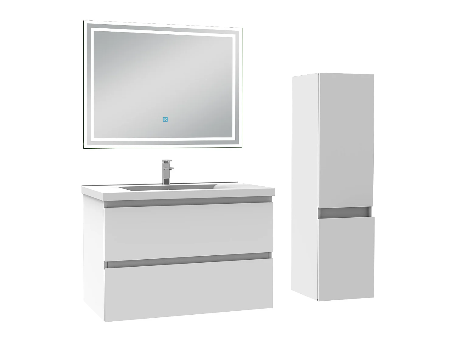 Meubles simple vasque l.60 x H.52 x P.39cm, meuble acve colonne et miroir lumineux Blanc, Aica