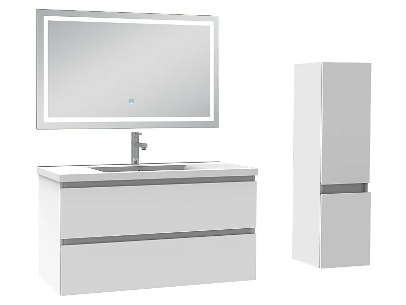Ensemble meubles Salle de Bain 100cm vasque + colonne + miroir lumineux Blanc - Aica