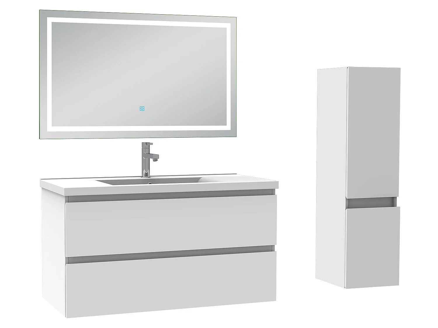 Ensemble meubles Salle de Bain 100cm vasque + colonne + miroir lumineux Blanc - Aica