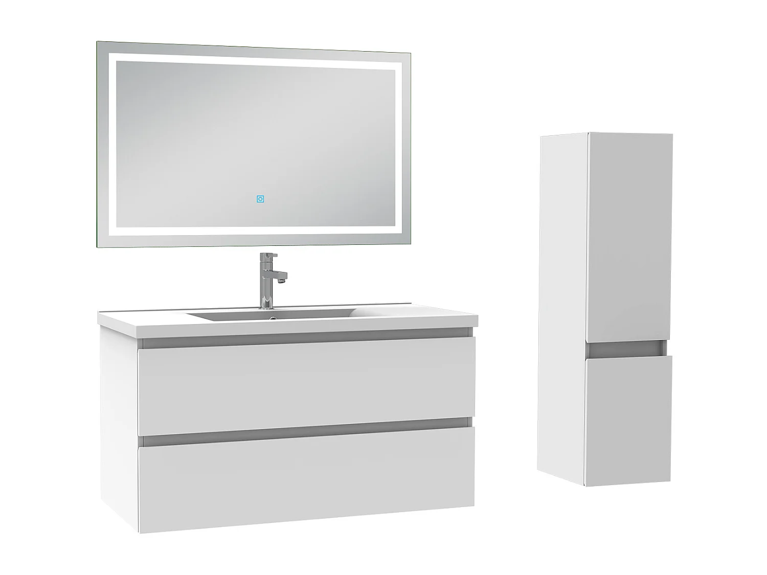 Ensemble meubles Salle de Bain 100cm vasque + colonne + miroir lumineux Blanc - Aica