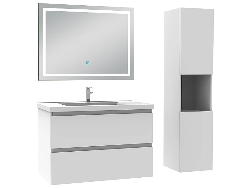 Ensemble meubles simple vasque 80cm, colonne + miroir lumineux Blanc - Aica