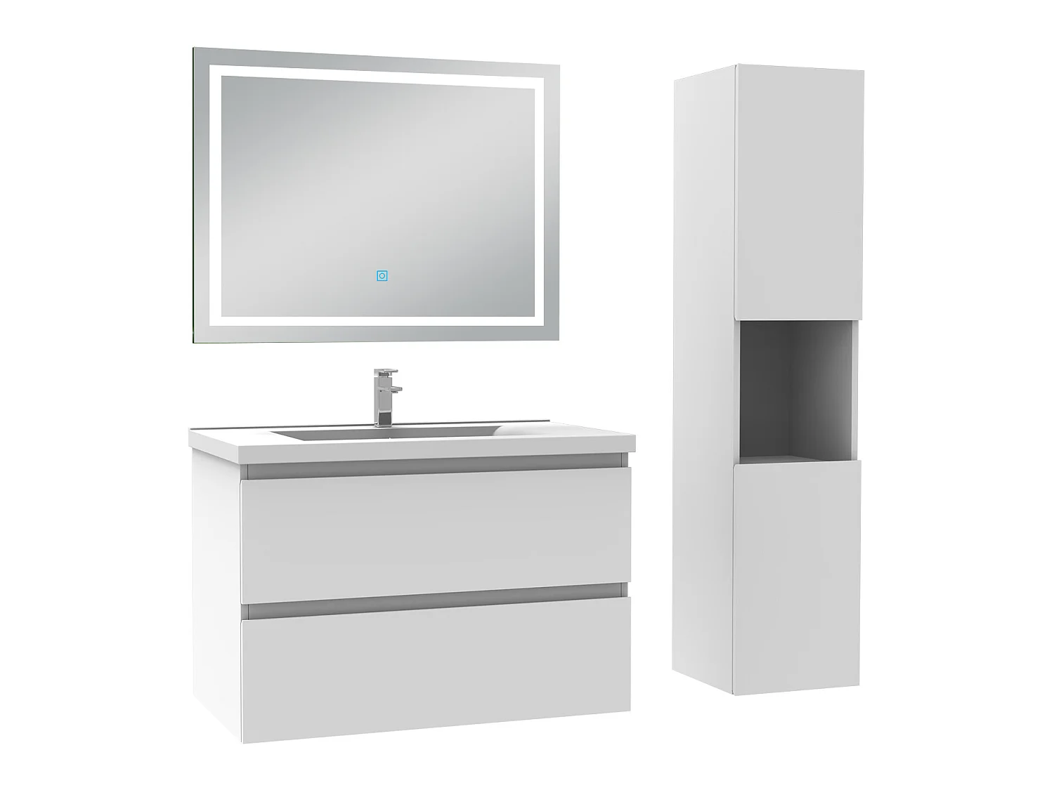 Ensemble meubles simple vasque 80cm, colonne + miroir lumineux Blanc - Aica