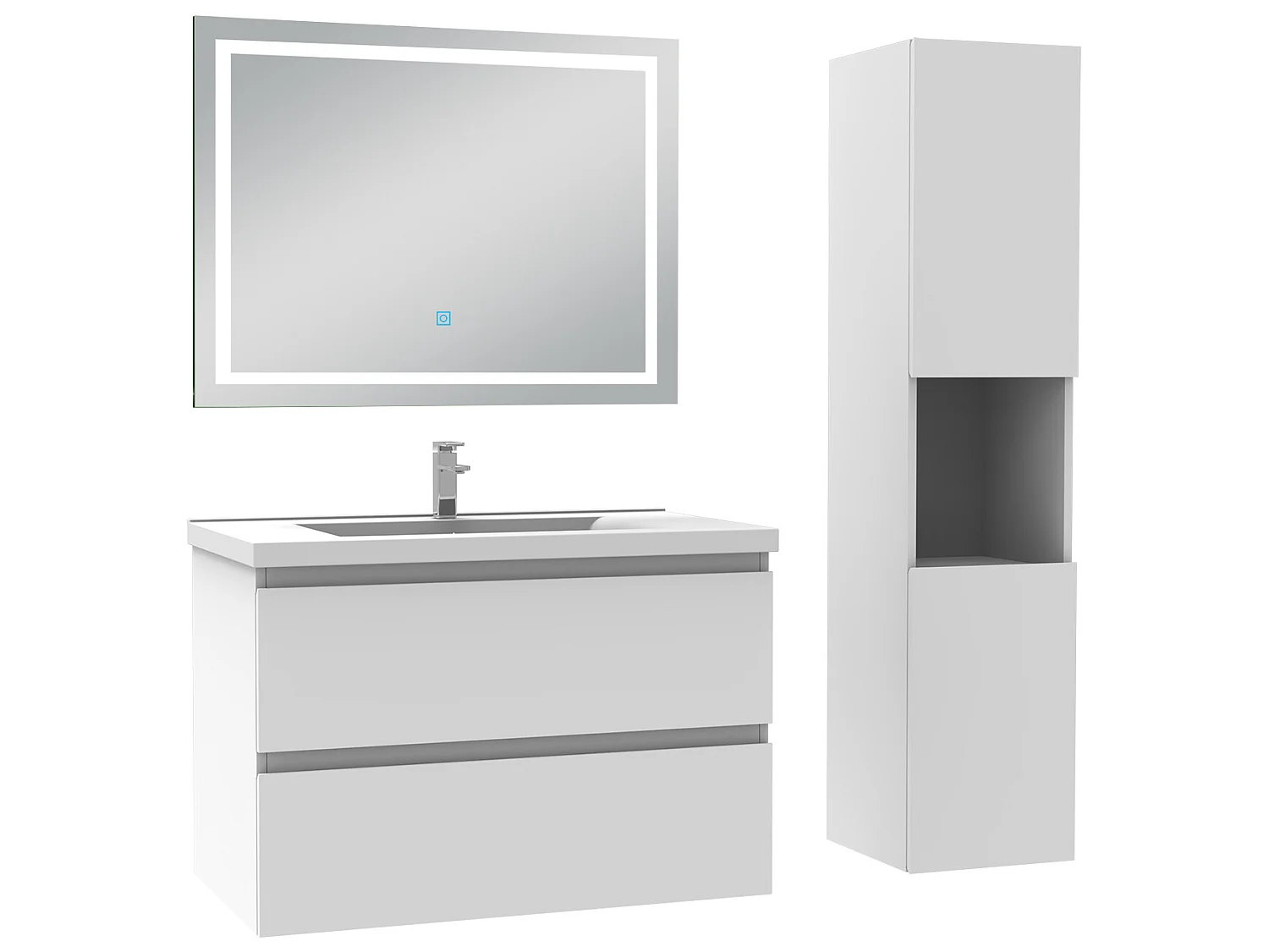 Ensemble meubles simple vasque 80cm, colonne + miroir lumineux Blanc - Aica