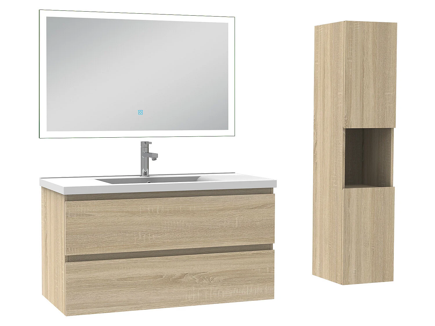 Ensemble meubles Salle de Bain 100cm simple vasque + colonne + miroir lumineux Chêne Wotan - Aica