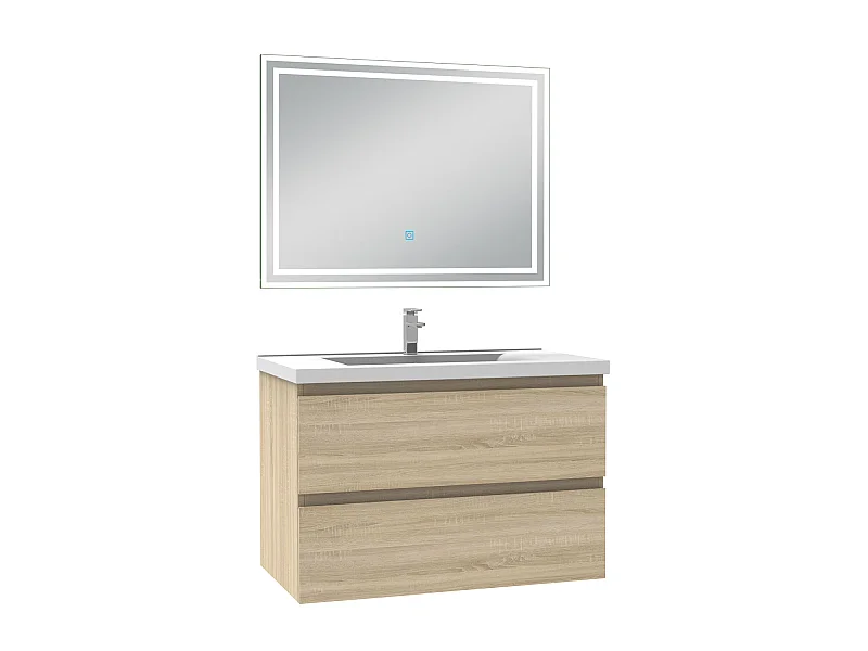 Meubles simple vasque l.80 x H.52 x P.45cm, meuble acve miroir Chêne Wotan, Aica