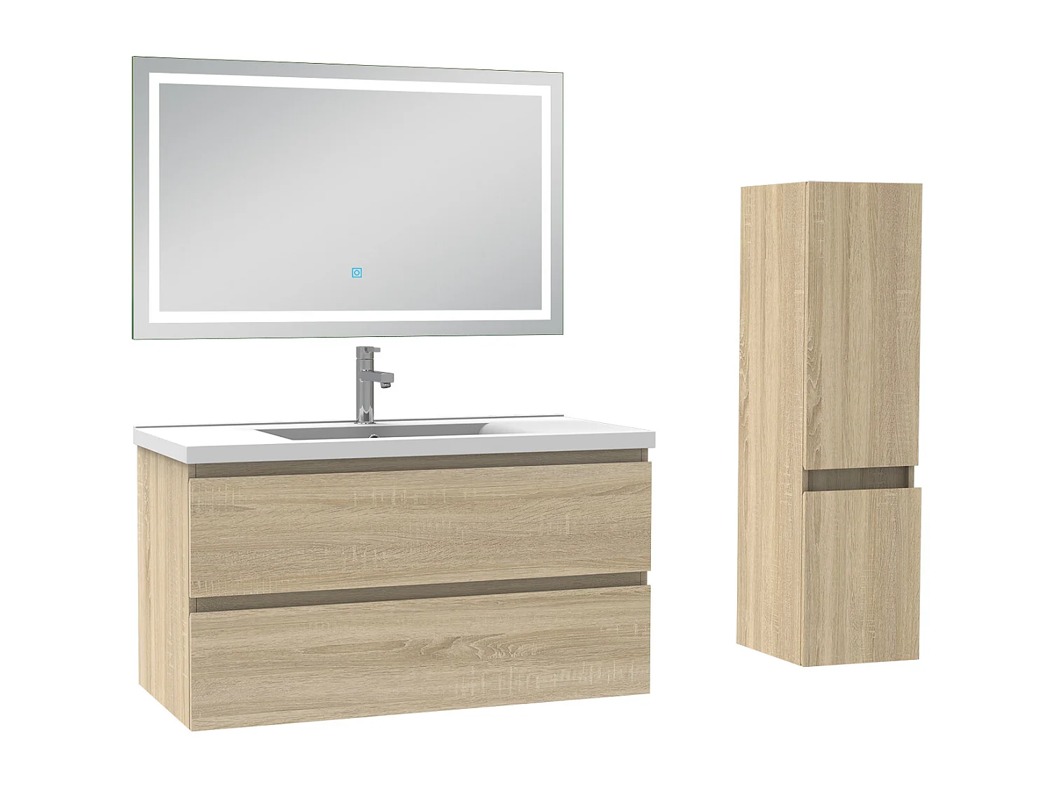 Ensemble meubles Salle de Bain 100cm vasque + colonne + miroir lumineux Chêne Wotan - Aica