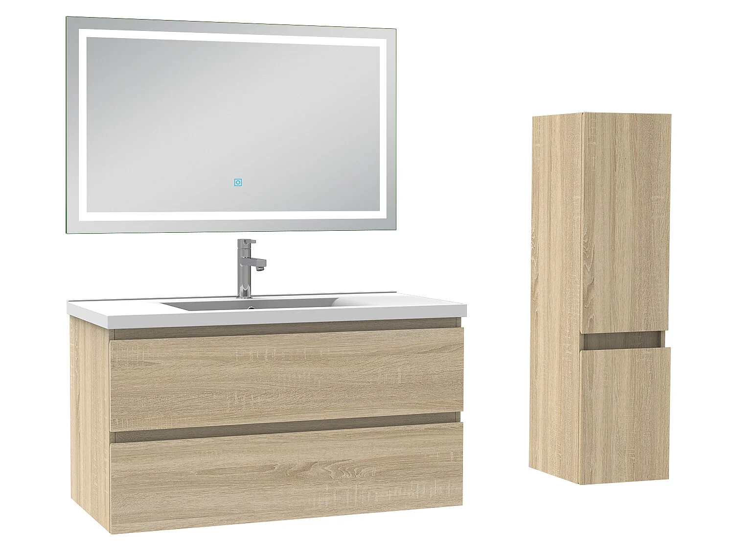 Ensemble meubles Salle de Bain 100cm vasque + colonne + miroir lumineux Chêne Wotan - Aica