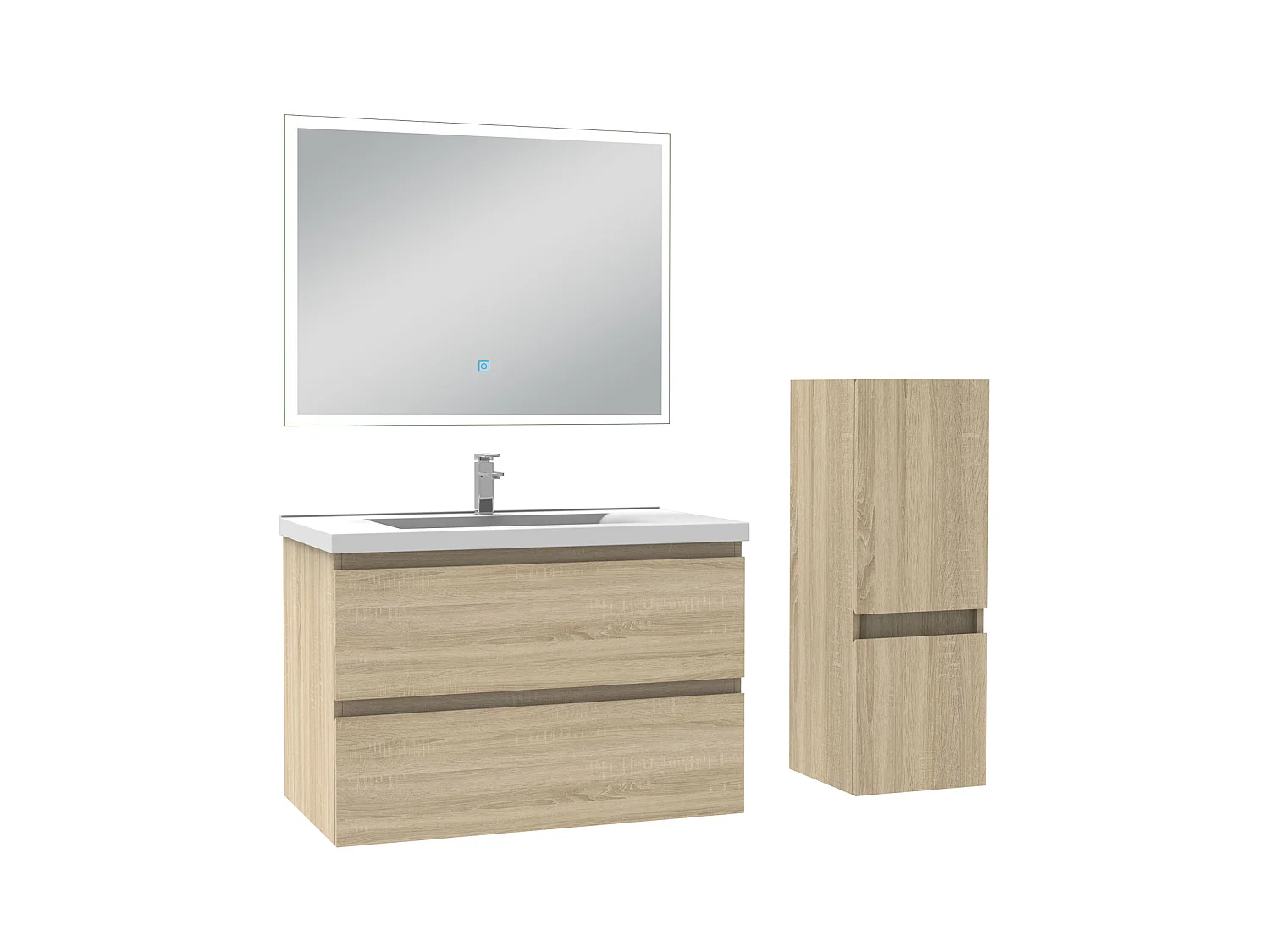 Ensemble meubles Salle de Bain 60cm vasque + colonne + miroir LED Chêne Wotan - Aica
