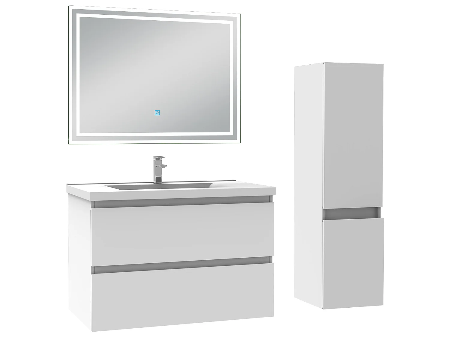 Meubles simple vasque l.80 x H.52 x P.45cm, meuble acve colonne et miroir lumineux Blanc, Aica