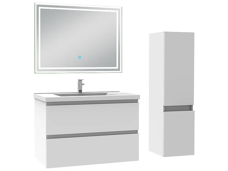 Meubles simple vasque l.80 x H.52 x P.45cm, meuble acve colonne et miroir lumineux Blanc, Aica