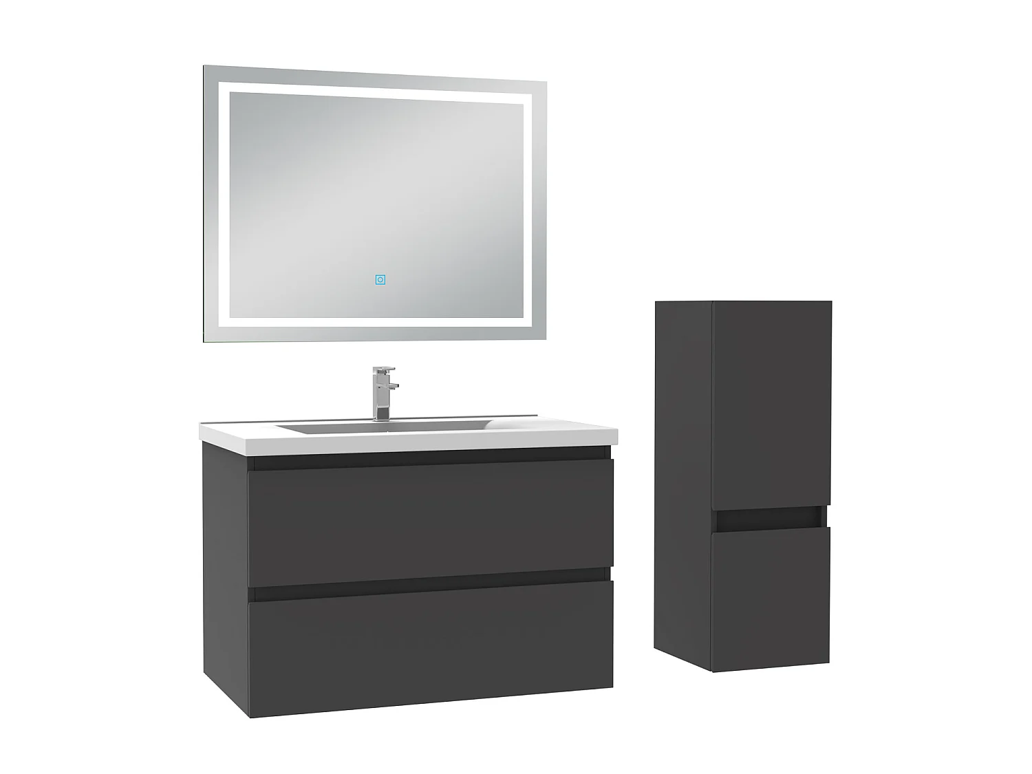Ensemble meubles Salle de Bain 80cm 4pcs vasque et colonne et miroir LED Anthracite - Aica