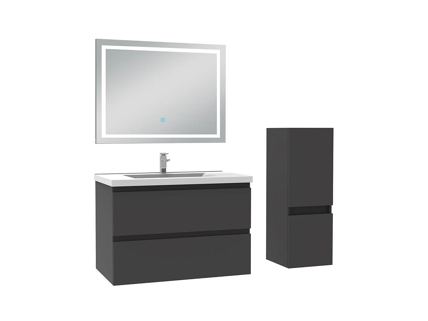 Ensemble meubles Salle de Bain 80cm 4pcs vasque et colonne et miroir LED Anthracite - Aica