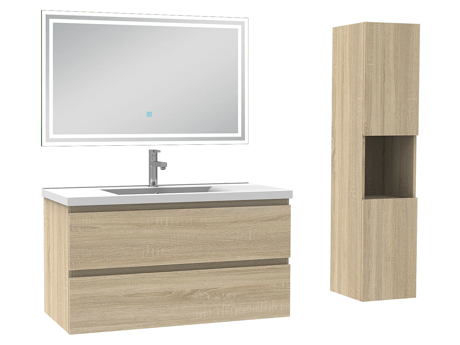 Meubles simple vasque l.100 x H.52 x P.45cm, meuble acve colonne + miroir lumineux Chêne Wotan, Aica