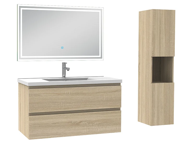 Meubles simple vasque l.100 x H.52 x P.45cm, meuble acve colonne + miroir lumineux Chêne Wotan, Aica