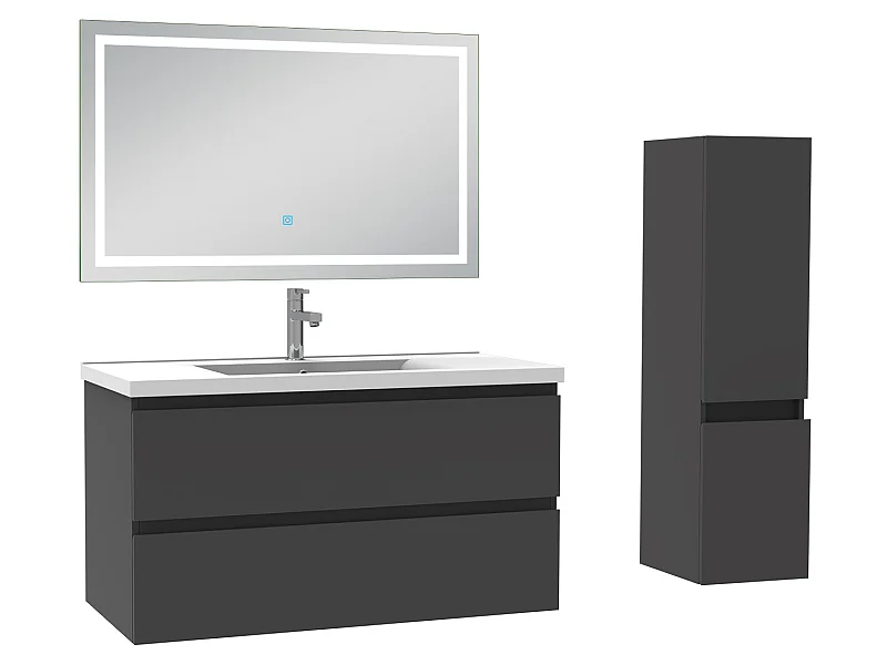 Ensemble meubles Salle de Bain 100cm vasque + colonne + miroir lumineux Anthracite - Aica