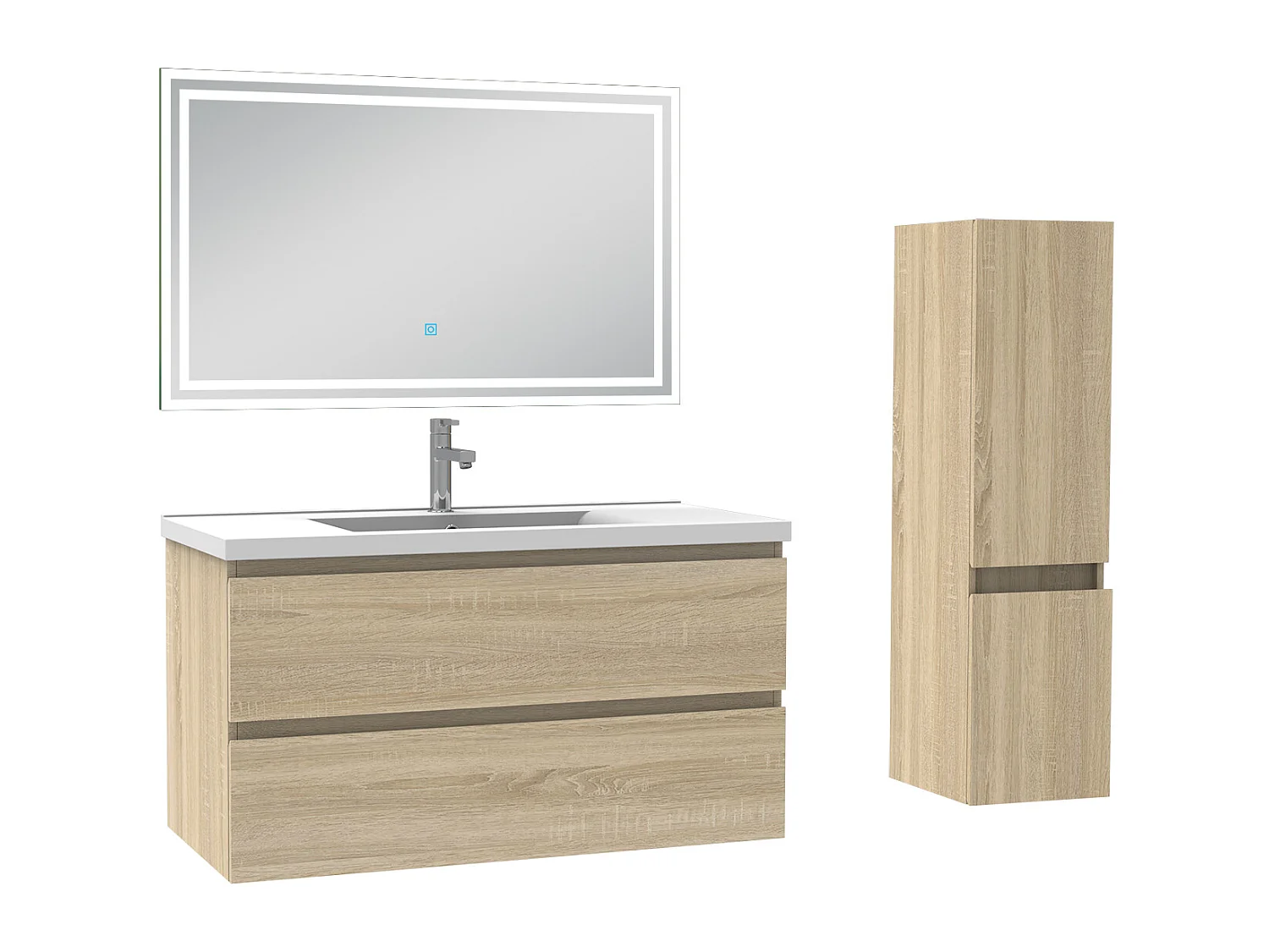 Meubles simple vasque l.100 x H.52 x P.45cm, meuble acve colonne et miroir lumineux Chêne Wotan, Aica