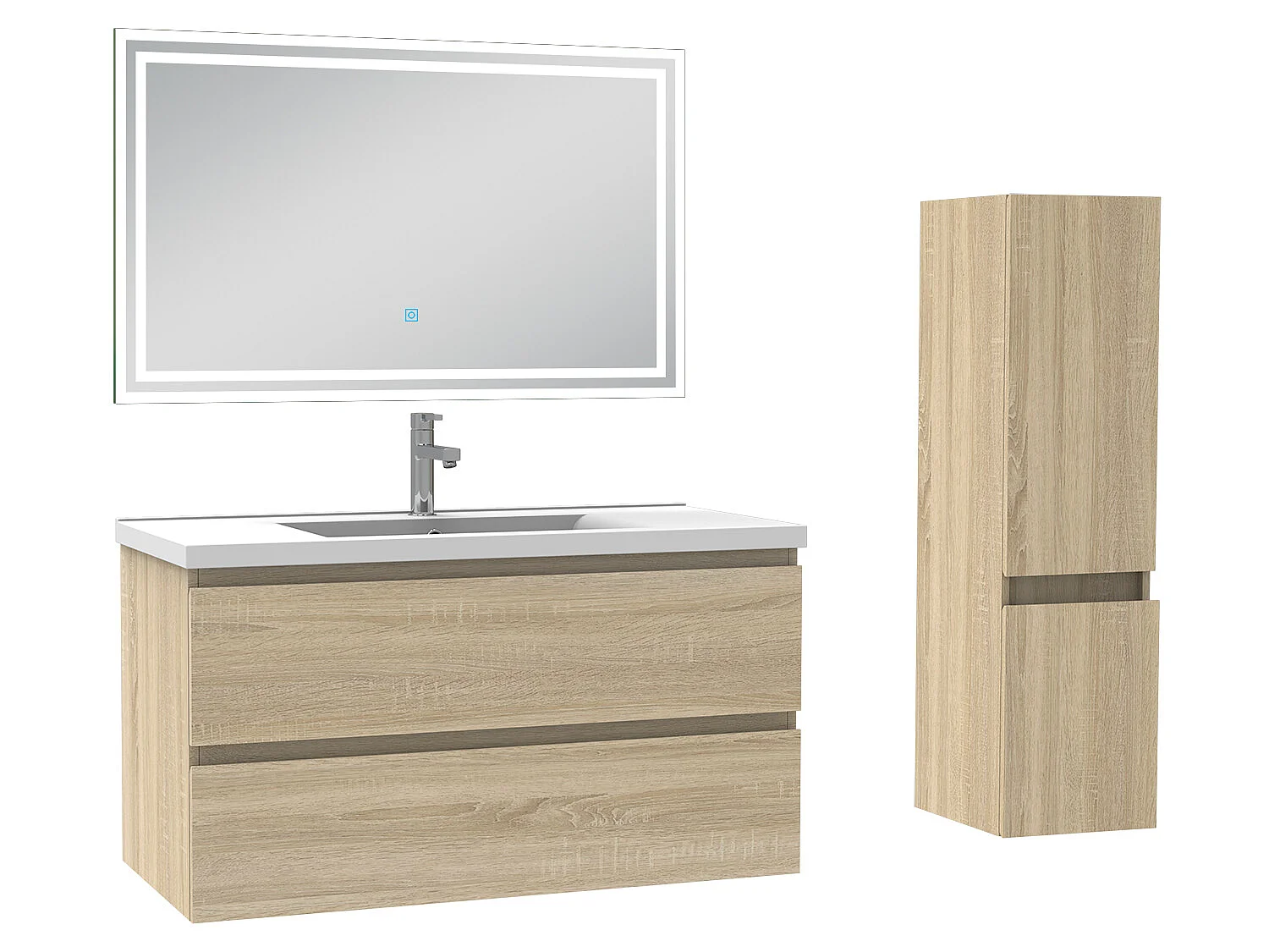 Meubles simple vasque l.100 x H.52 x P.45cm, meuble acve colonne et miroir lumineux Chêne Wotan, Aica