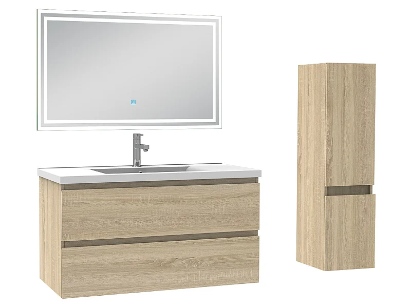 Meubles simple vasque l.100 x H.52 x P.45cm, meuble acve colonne et miroir lumineux Chêne Wotan, Aica