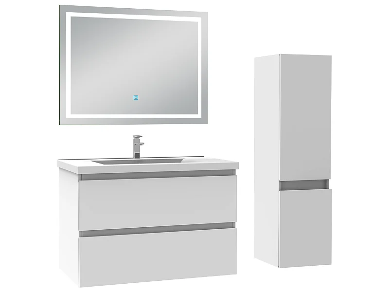 Ensemble meubles Salle de Bain 80cm vasque + colonne + miroir lumineux Blanc - Aica