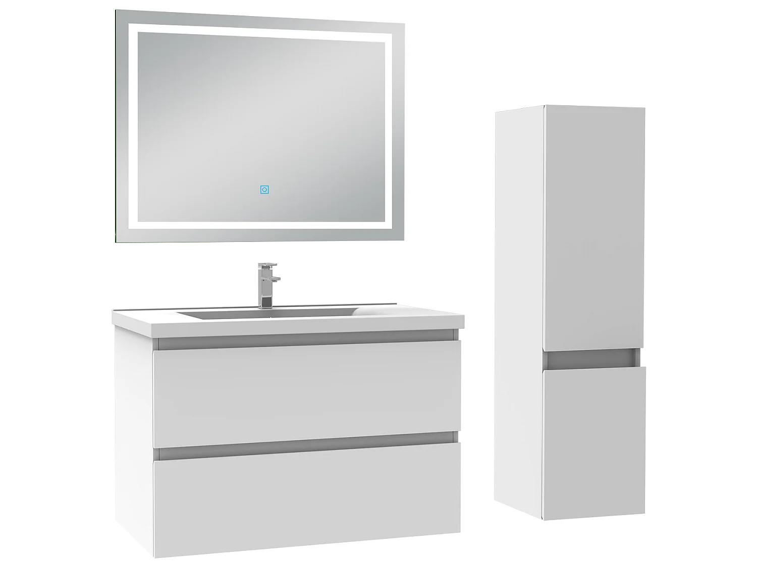 Ensemble meubles Salle de Bain 80cm vasque + colonne + miroir lumineux Blanc - Aica