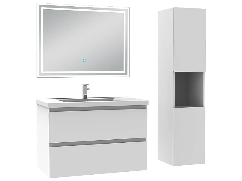 Meubles simple vasque l.60 x H.52 x P.39cm, meuble acve colonne + miroir lumineux Blanc, Aica