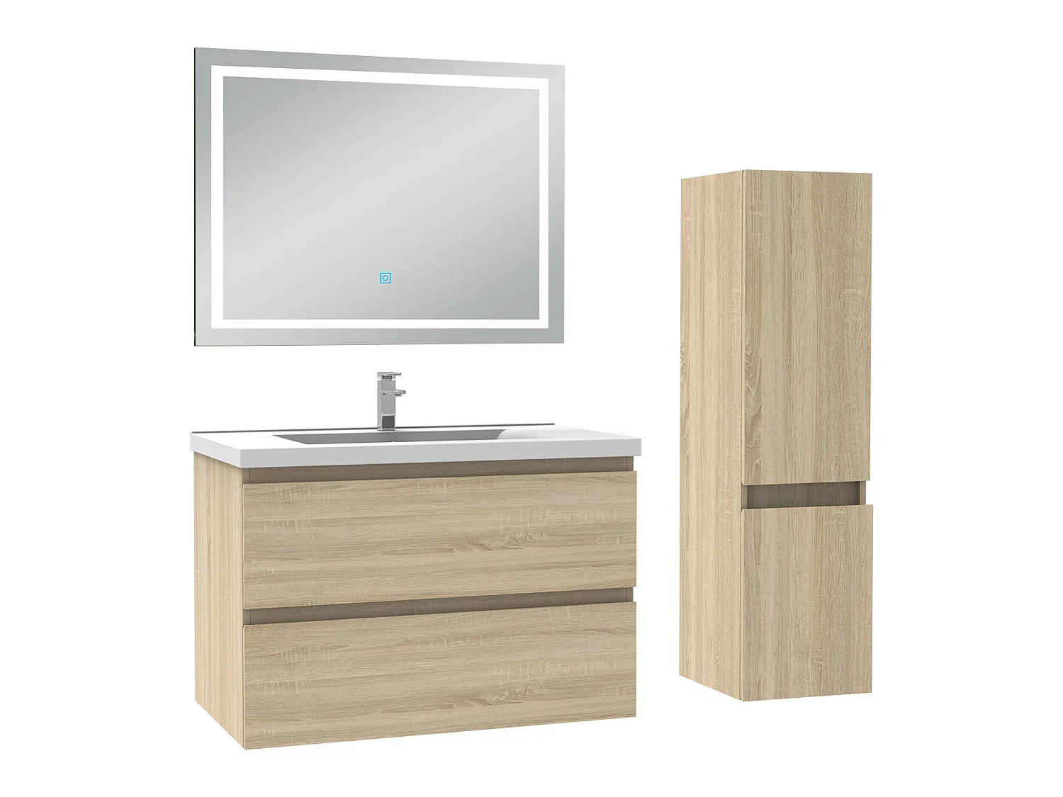 Ensemble meubles Salle de Bain 80cm vasque + colonne + miroir lumineux Chêne Wotan - Aica