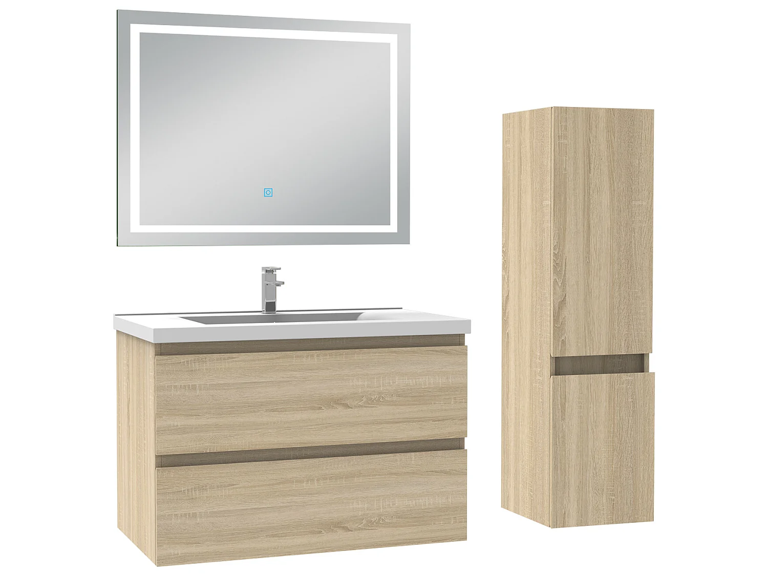 Ensemble meubles Salle de Bain 80cm vasque + colonne + miroir lumineux Chêne Wotan - Aica