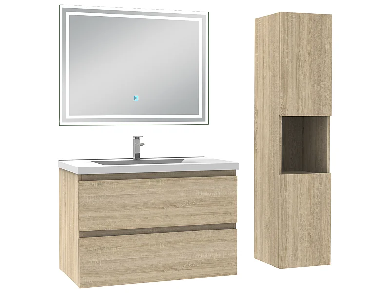 Meubles simple vasque l.60 x H.52 x P.39cm, meuble acve colonne + miroir lumineux Chêne Wotan, Aica
