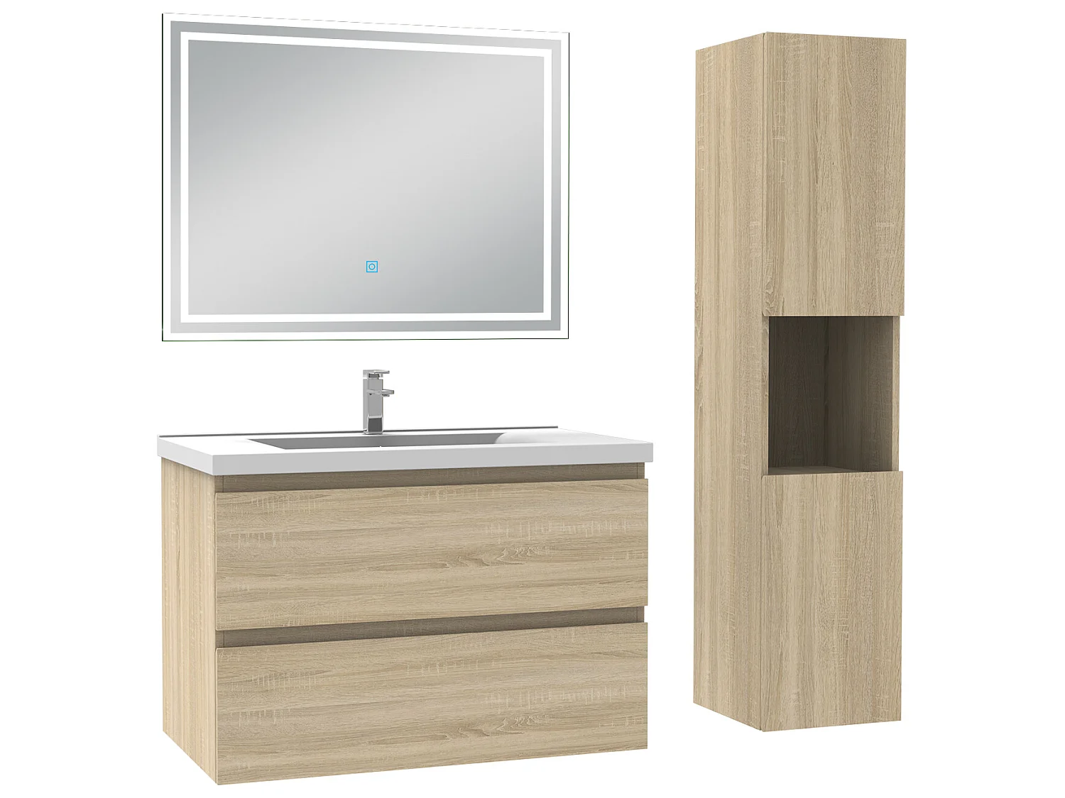 Meubles simple vasque l.60 x H.52 x P.39cm, meuble acve colonne + miroir lumineux Chêne Wotan, Aica