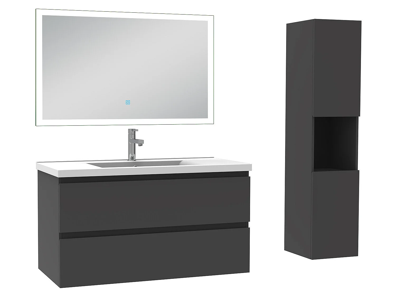 Ensemble meubles Salle de Bain 100cm simple vasque + colonne + miroir lumineux Anthracite - Aica