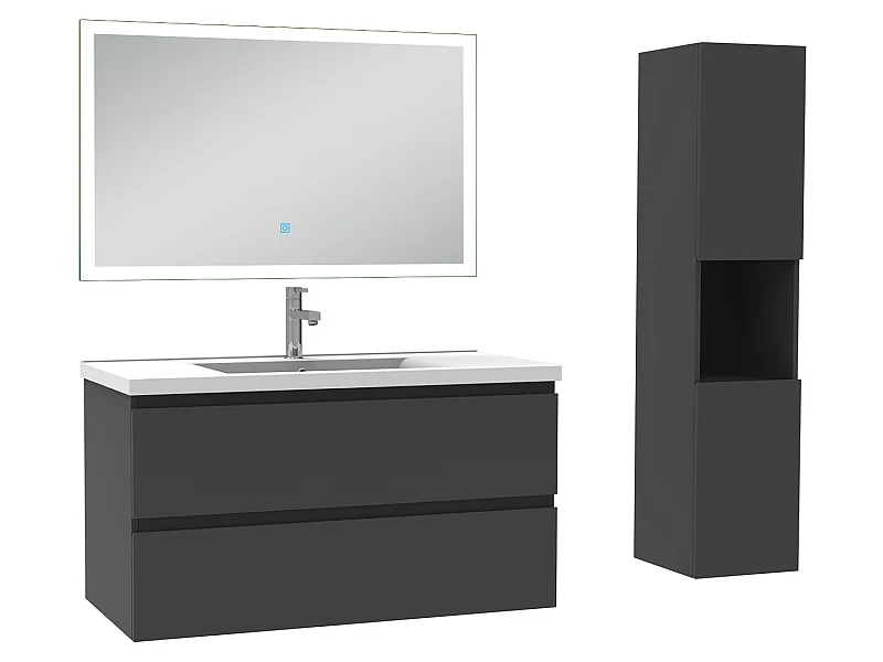 Ensemble meubles Salle de Bain 100cm simple vasque + colonne + miroir lumineux Anthracite - Aica