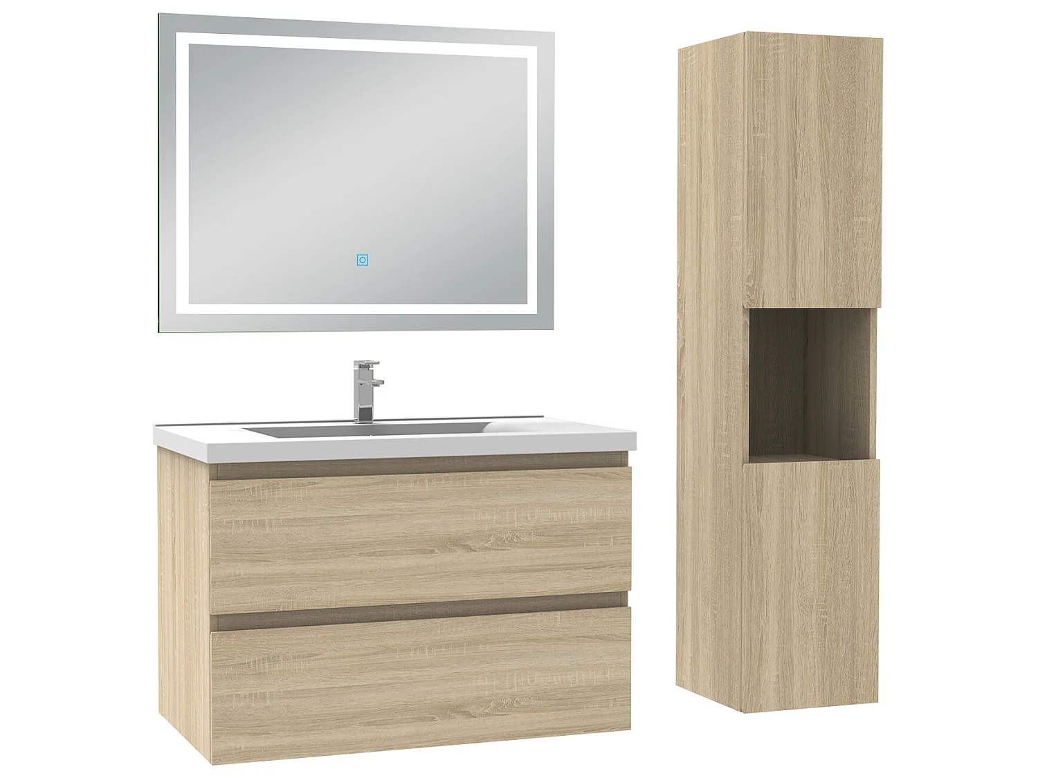 Ensemble meubles simple vasque 80cm, colonne + miroir lumineux Chêne Wotan - Aica