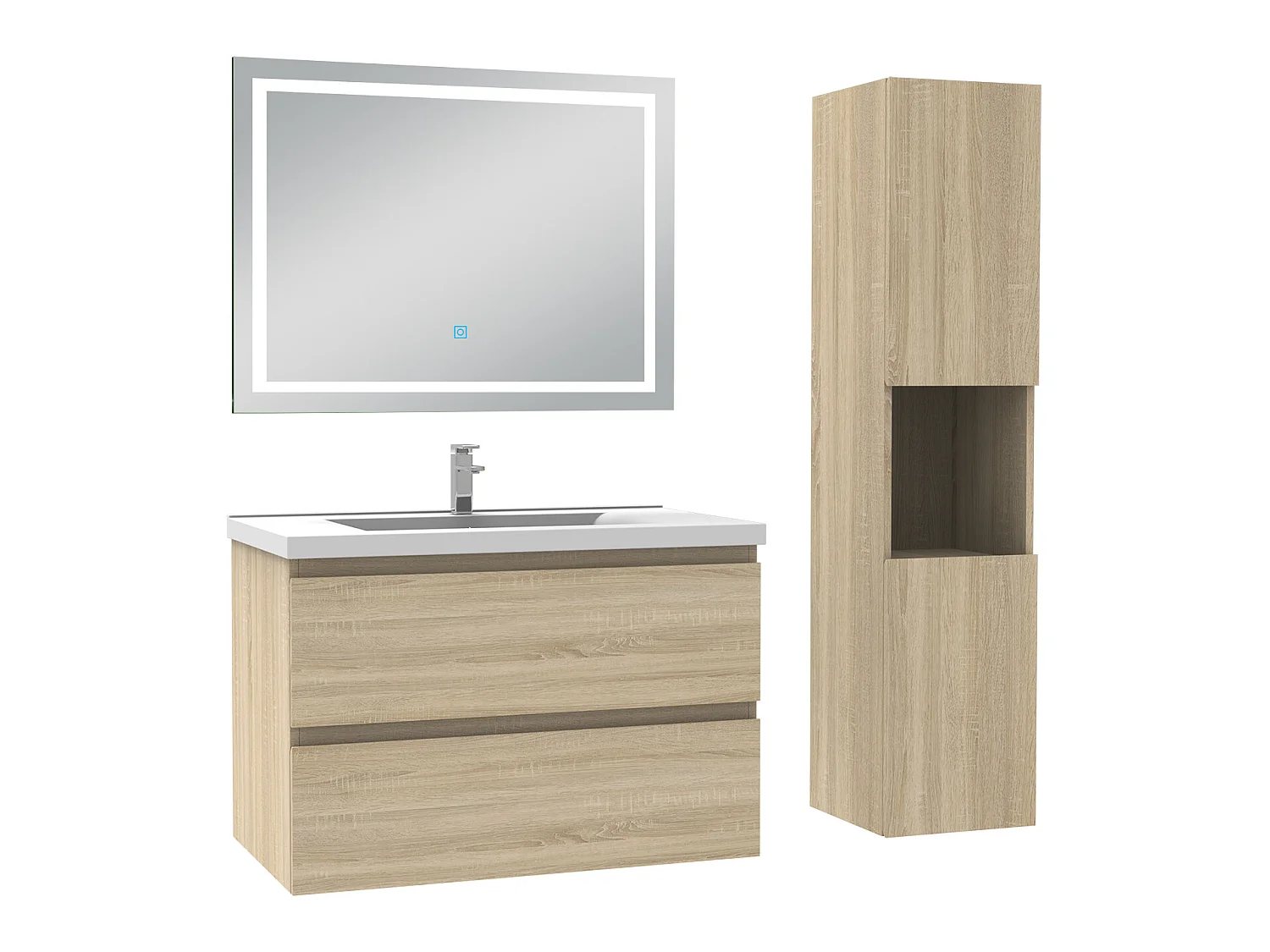Ensemble meubles simple vasque 80cm, colonne + miroir lumineux Chêne Wotan - Aica