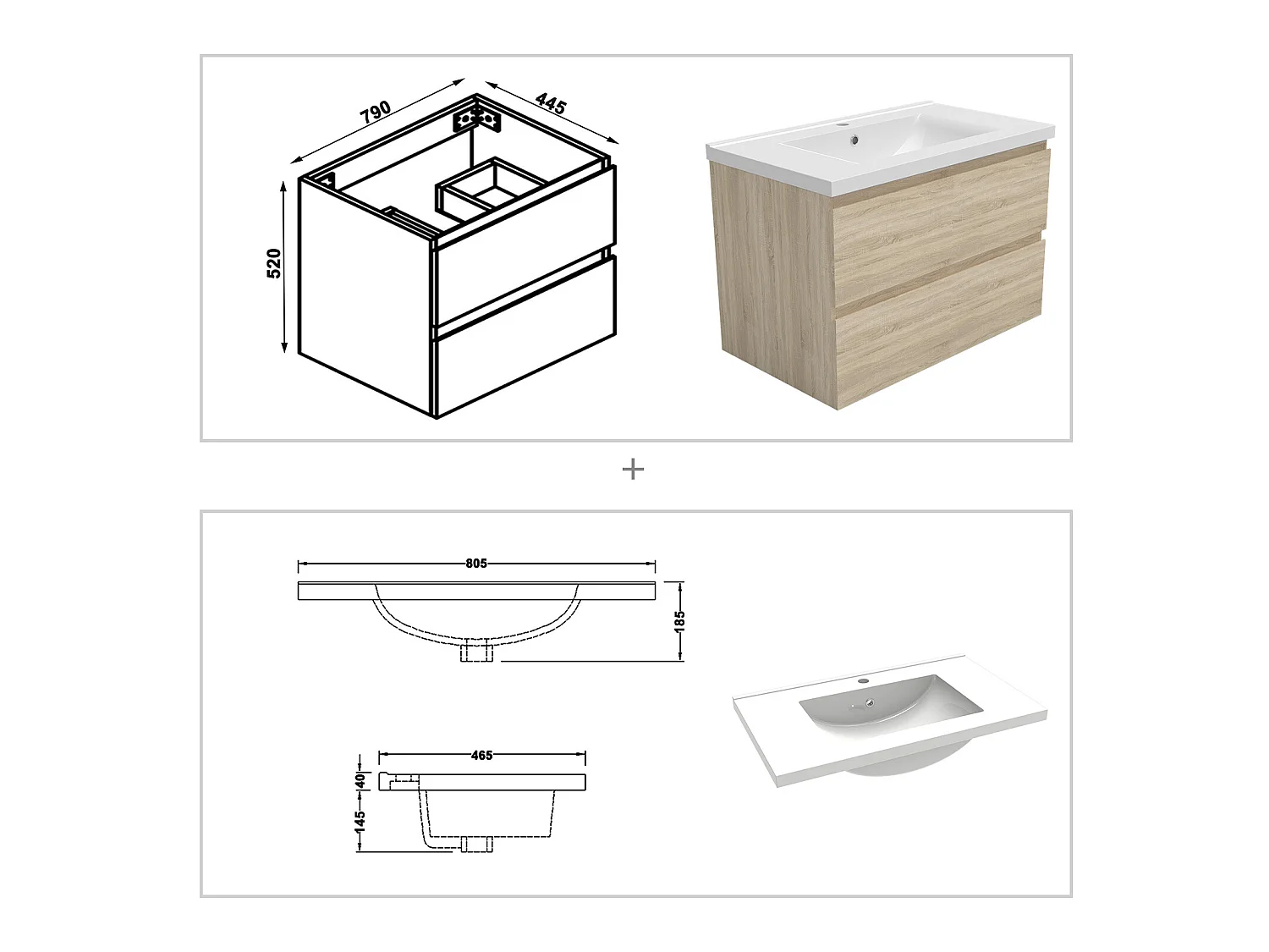 Ensemble meubles simple vasque 80cm, colonne + miroir lumineux Chêne Wotan - Aica