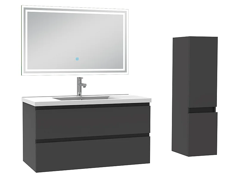 Meubles simple vasque l.100 x H.52 x P.45cm, meuble acve colonne et miroir lumineux Anthracite, Aica